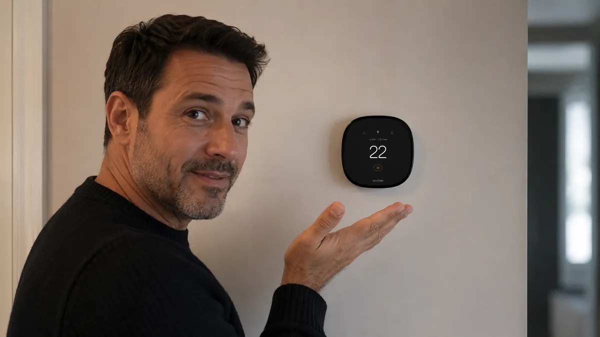 Homme présentant le thermostat intelligent Premium monté au mur
